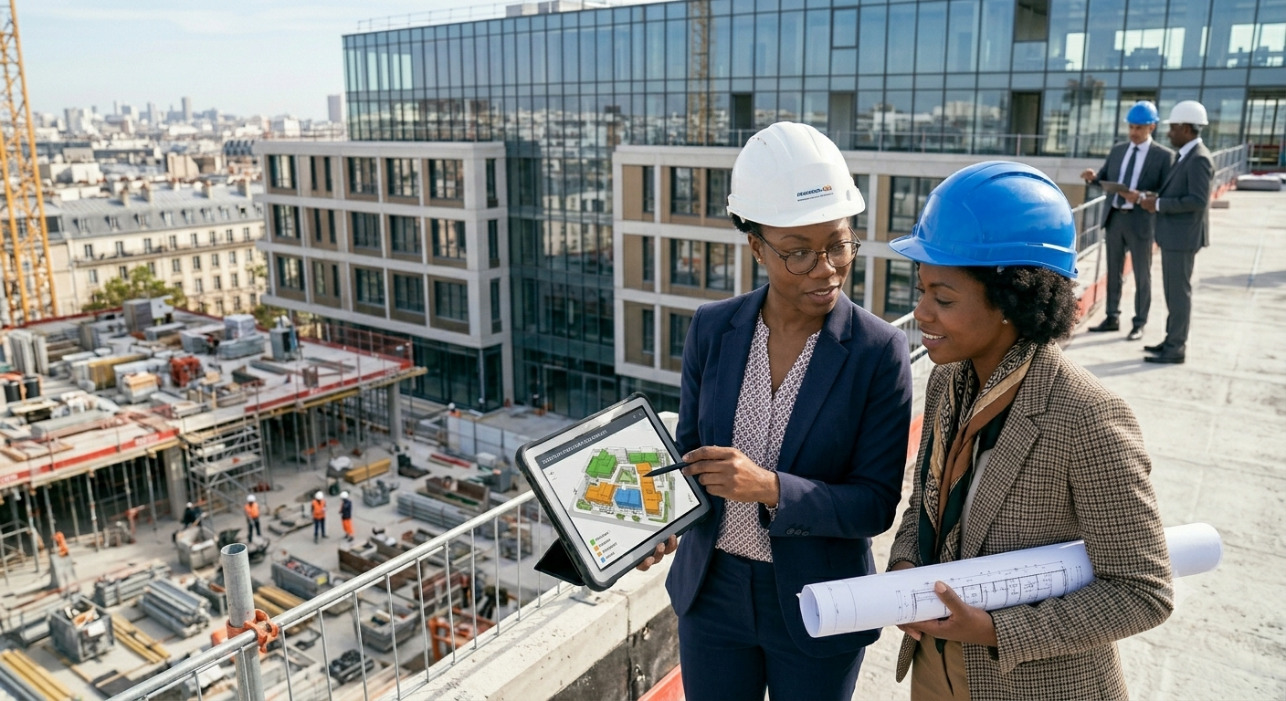 Responsables AXIOR sur un site en construction, plans à la main